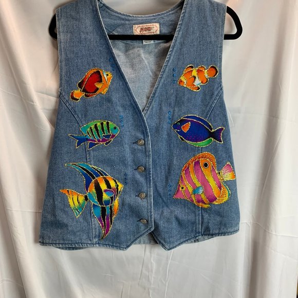 Apache Denim Vest Size with Glittery Fish Embellishments X Large - Picture 2 of 12